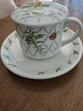 Studio Ceramic Lidded Tea Mug and Saucer in White with Green Botanical Design